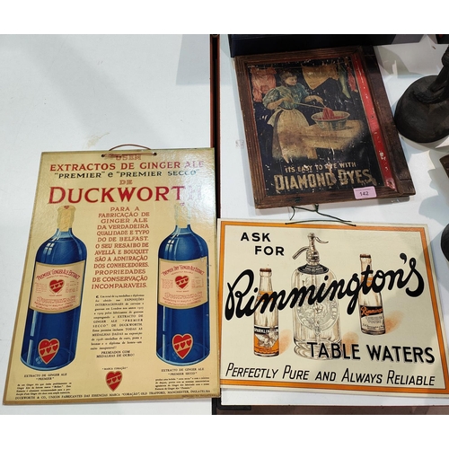 142 - A vintage Diamond Dyes advertising poster mounted on wooden back a cardboard Remington's table water... 