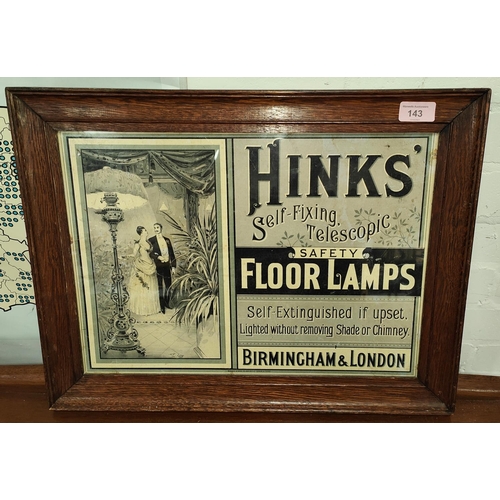 143 - ADVERTISING CARD: Hinks self fixing telescopic floor lamp advertising Card framed and glazed 31x43cm