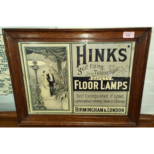 143 - ADVERTISING CARD: Hinks self fixing telescopic floor lamp advertising Card framed and glazed 31x43cm