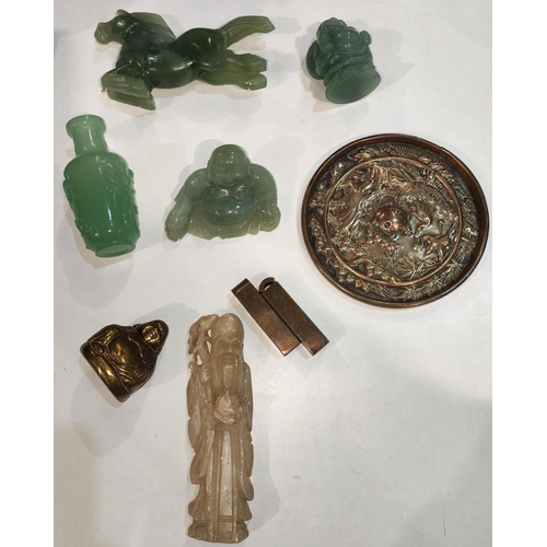 149 - A selection of carved Chinese stoneware items some jade green colour similar Chinese brassware etc