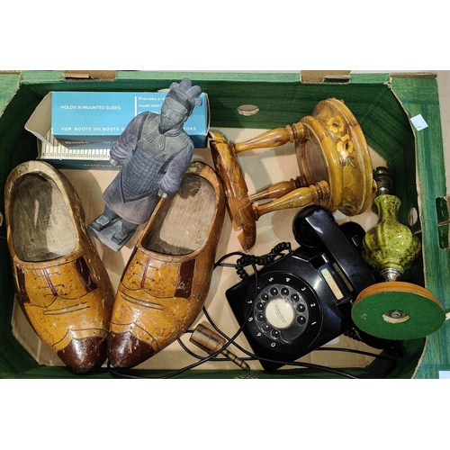 154A - A pair of wooden clogs, vintage rotary phone other collectables etc