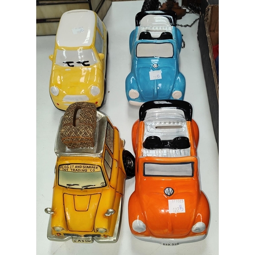 172B - Four automobile money boxes to VW Beatles, a Mini and an Only Fools and Horses style