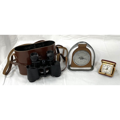 2 - A cased pair of Viking Minor binoculars, Newbold & Bulford Ltd; a barometer on stirrup