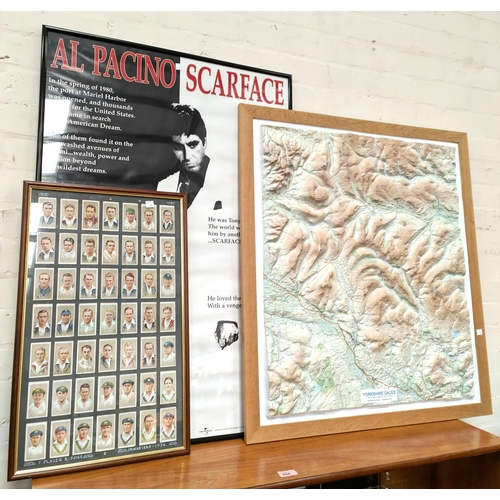 20A - A scale wall map of the Yorkshire Dales with geographic heights of hills depicted, a Scarface poster... 