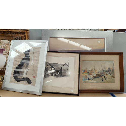 20B - A watercolour of a Venetian scene framed and glazed, a Chinese print of a cat framed and glazed and ... 