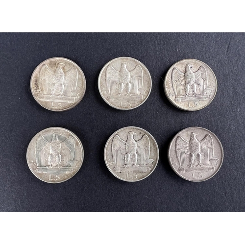 324 - WORLD COINAGE: Five Vittoria Emanuele III Italian silver 1927 and one 1926 5 Lira coins with good lu... 