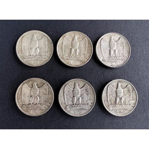 325 - WORLD COINAGE: Six Vittorio Emanuele III Italian silver 1927 5 Lira coins, with good lustre, some sl... 