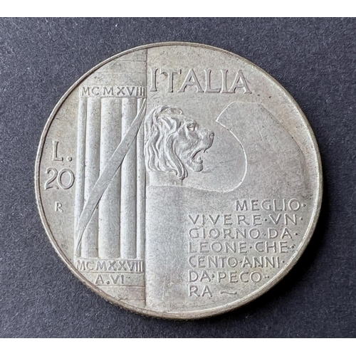 336 - WORLD COINAGE: A 1928 R Italian 20 lire Vittorio Emanuele III 10th Anniversary - End of WWIProvenanc... 