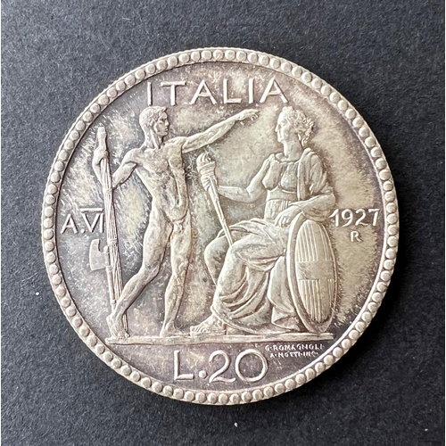 339 - WORLD COINAGE: An Italian 1927R YRVI 20 Lira in high grade of Vittorio Emanuele III with toningProve... 