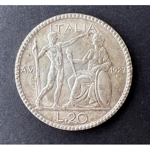 340 - WORLD COINAGE: An Italian 1927R YRVI 20 Lira in high grade of Vittorio Emanuele III starting to tone... 