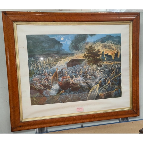 37 - The Heroic Defence of Rorke's Drift, Victorian chromolithograph in birds eye maple frame, 48 x 60cm