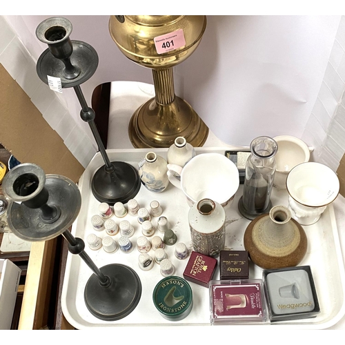 401 - W. H. Goss: model of Ancient Irish Bronze pot, a selection of Wedgwood and other thimbles etc; oil l... 