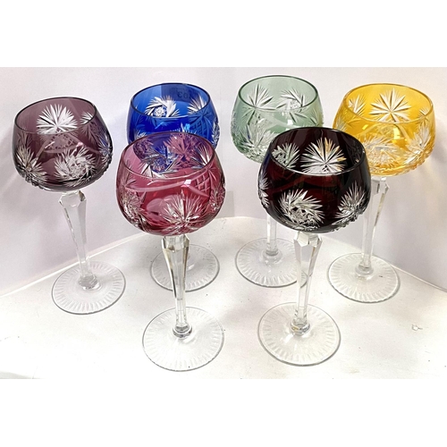 403 - A set of six Victorian style hock glasses various colours with incised star decoration tapering stem... 