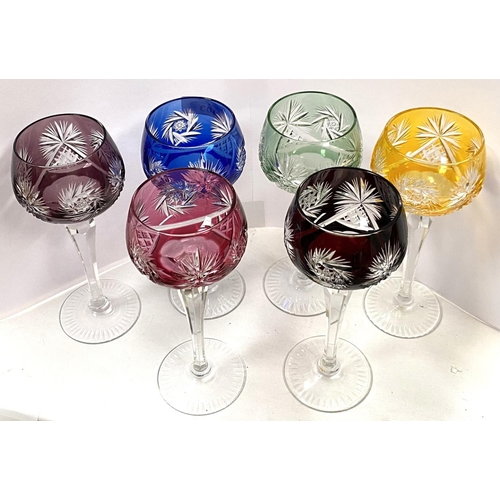 403 - A set of six Victorian style hock glasses various colours with incised star decoration tapering stem... 