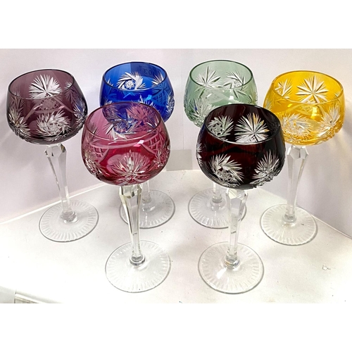 403 - A set of six Victorian style hock glasses various colours with incised star decoration tapering stem... 