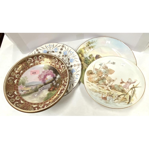 406 - a Noritake hand painted Bowl with garden scene, a Victorian fairy plate with registration mark to ba... 