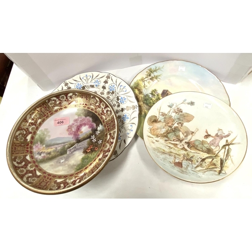 406 - a Noritake hand painted Bowl with garden scene, a Victorian fairy plate with registration mark to ba... 