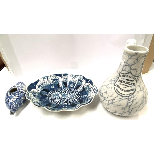 409 - a 19th century Staffordshire Blue and white baby feeder, And improved an Earthenware Inhaler and a 1... 