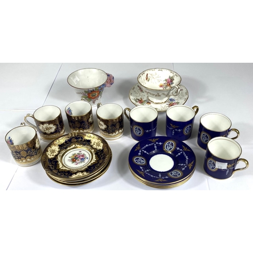 410 - A set of four Ainsley Versailles Coffee cans in blue and guilt and a set of four similar Staffordshi... 