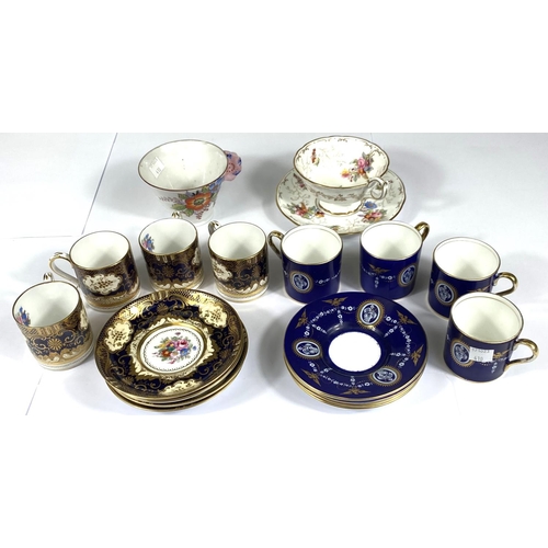 410 - A set of four Ainsley Versailles Coffee cans in blue and guilt and a set of four similar Staffordshi... 