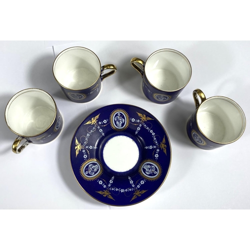 410 - A set of four Ainsley Versailles Coffee cans in blue and guilt and a set of four similar Staffordshi... 