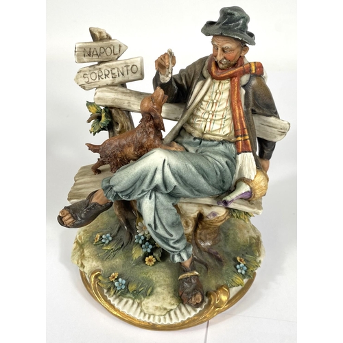 415 - A Capodimonte Principle fine porcelain figure of tramp on bench feeding a dog, ht. 20cm; a resin Cap... 