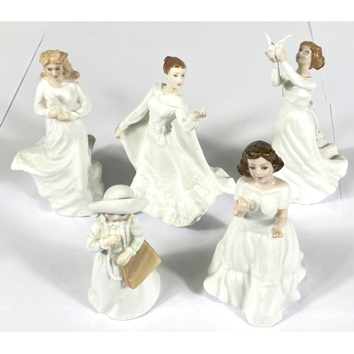 416 - Five Royal Doulton figures, 'Thinking of You', 'Wisdom', 'Loving You', 'Welcome' and 'Almost Grown'