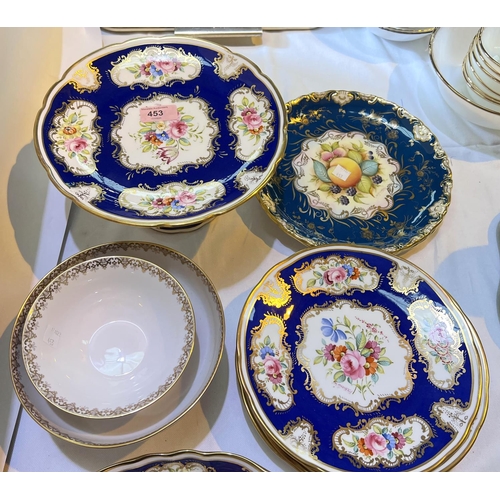 453 - A 19th century style Hammersley 7 piece dessert service with polychrome panels against a blue/ gilt ... 