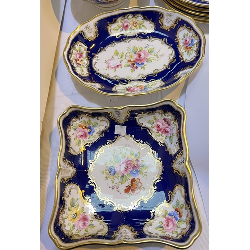 453 - A 19th century style Hammersley 7 piece dessert service with polychrome panels against a blue/ gilt ... 