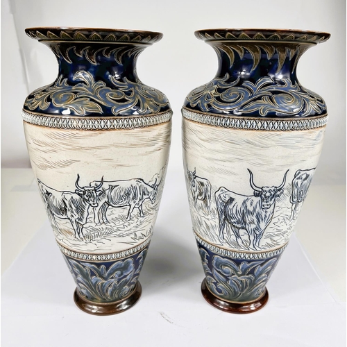 488 - Hannah Barlow for Royal Doulton Lambeth, pair of stoneware vases with horned Cattle decoration, hts.... 