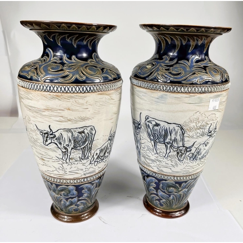 488 - Hannah Barlow for Royal Doulton Lambeth, pair of stoneware vases with horned Cattle decoration, hts.... 