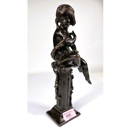 496 - A bronze figure of a girl sitting on column with vines, ht. 28cm