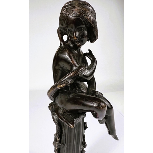 496 - A bronze figure of a girl sitting on column with vines, ht. 28cm