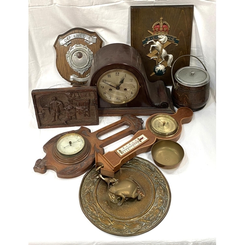 5 - A Royal electrical and Mechanical Engineers plaque on wood; a mahogany cased Napoleon mantle clock; ... 