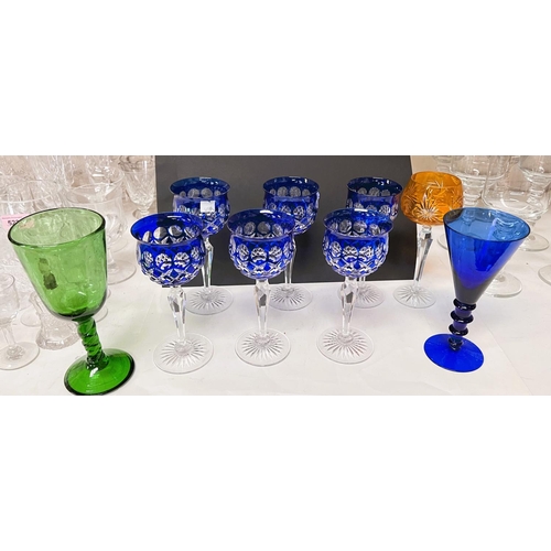 523B - 6 Tudor Crystal Wine Goblets in Bristol Blue and three other coloured drinking glasses