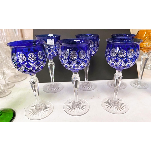 523B - 6 Tudor Crystal Wine Goblets in Bristol Blue and three other coloured drinking glasses