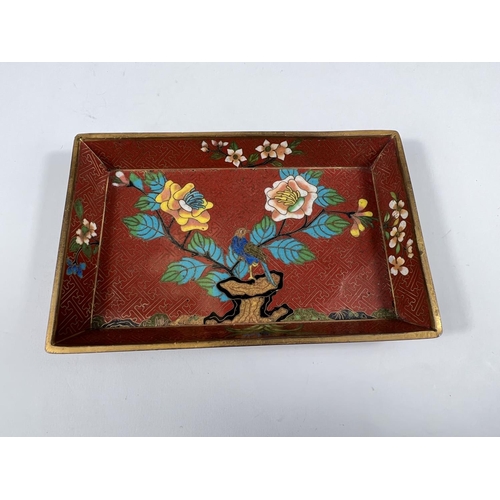 549C - A 19th century Chinese cloisonné tray with birds and floral decoration on a red ground, 8 x 1... 