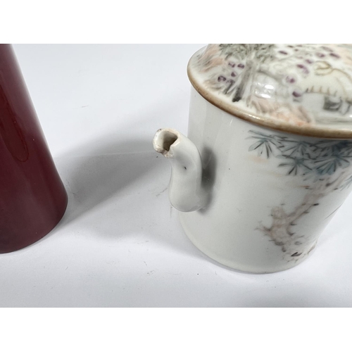 553 - A 19th century Chinese ceramic small teapot with crane and people and Chinese characters decorating ... 