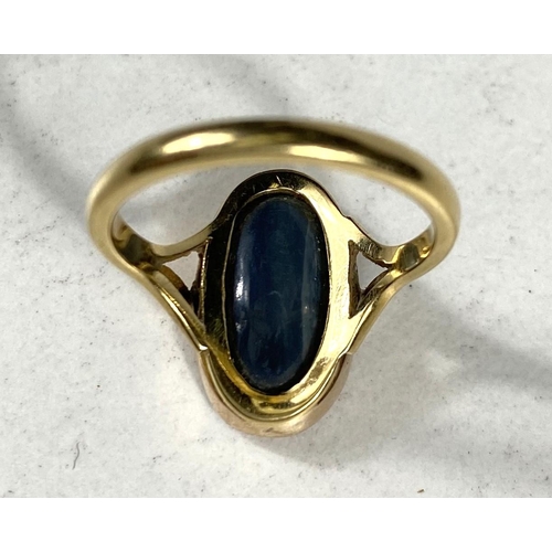 609 - An 18ct gold oval shaped black opal (14mm x 9mm) doublet ring, 3.37gms, ring size K/L.