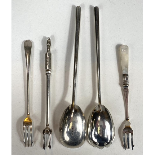 622 - A pair of hallmarked silver salad servers Birmingham 1910, a hall marked silver pickle fork Sheffiel... 