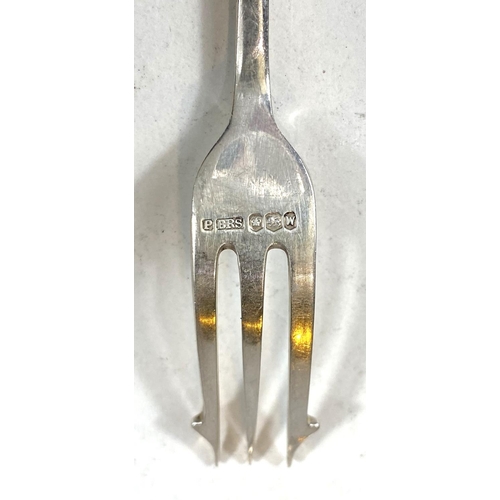 622 - A pair of hallmarked silver salad servers Birmingham 1910, a hall marked silver pickle fork Sheffiel... 