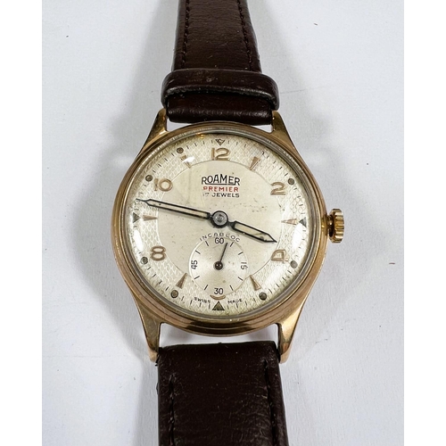 647 - A mid 20th century 9 carat gold cased vintage Roamer Gents wrist watch on later strap