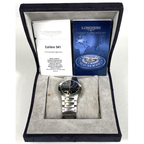 671A - An originally boxed Longines Chronograph wristwatch, stainless steel cased, integrated bracelet