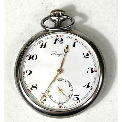 673 - A Longines open face pocket watch with enamel dial, Arabic numerals