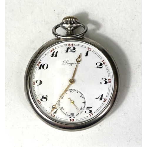 673 - A Longines open face pocket watch with enamel dial, Arabic numerals