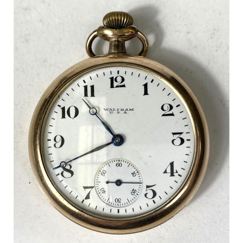 674 - A Waltham open face pocket watch with Arabic numerals, seconds subsiding dial, movement serial no 21... 