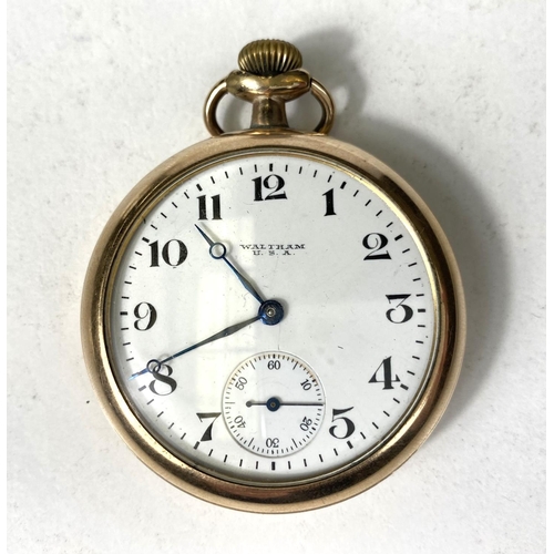 674 - A Waltham open face pocket watch with Arabic numerals, seconds subsiding dial, movement serial no 21... 