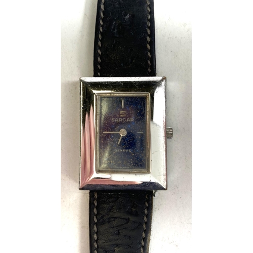 680 - A Sargar 'Tank' style wristwatch, blue dial with gilt speckles on leather strap