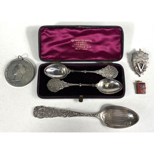 689 - MASONIC TEMPLE, CHICAGO, Sterling silver spoon, 2 badminton racquet spoons and QV Jubilee badge and ... 