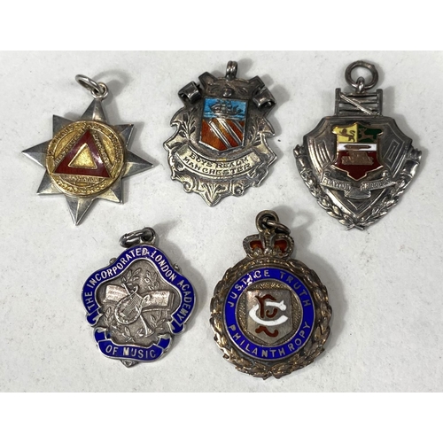 690 - SILVER FOBS: 5 Vintage silver and enamel fobs, 69gm